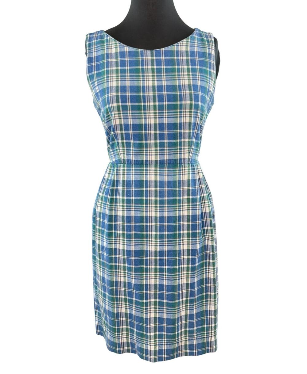VINTAGE Gap Blue Green Sheath Dress Cotton Plaid Cottagecore Button Up M Medium